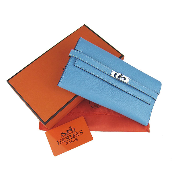 High Quality Hermes Kelly Long Clutch Bag Light Blue H009 Replica - Click Image to Close